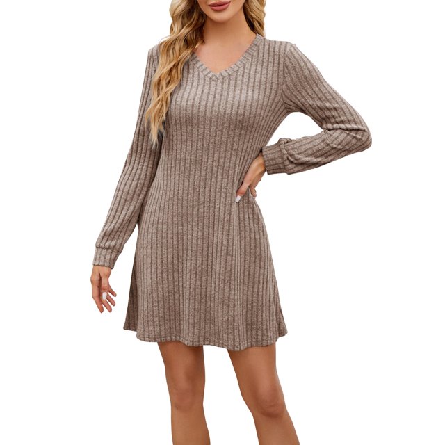 Robes d'Hiver Décontractées pour Femmes! Fadeal Nouvelle Robe Décontractée Unie à Col en V avec Poches Rayée Brossée à Manches Longues Robes d'Hiver pour Femmes Kaki P