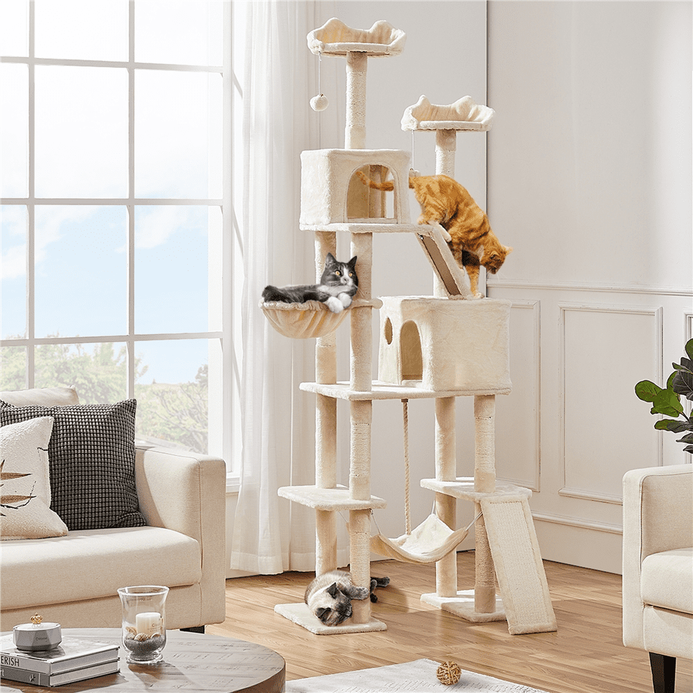 Alden Design 82.5″ H Multi Level Large Cat Tree with 2 Cozy Condos for Indoor Small/Medium Cats, Beige