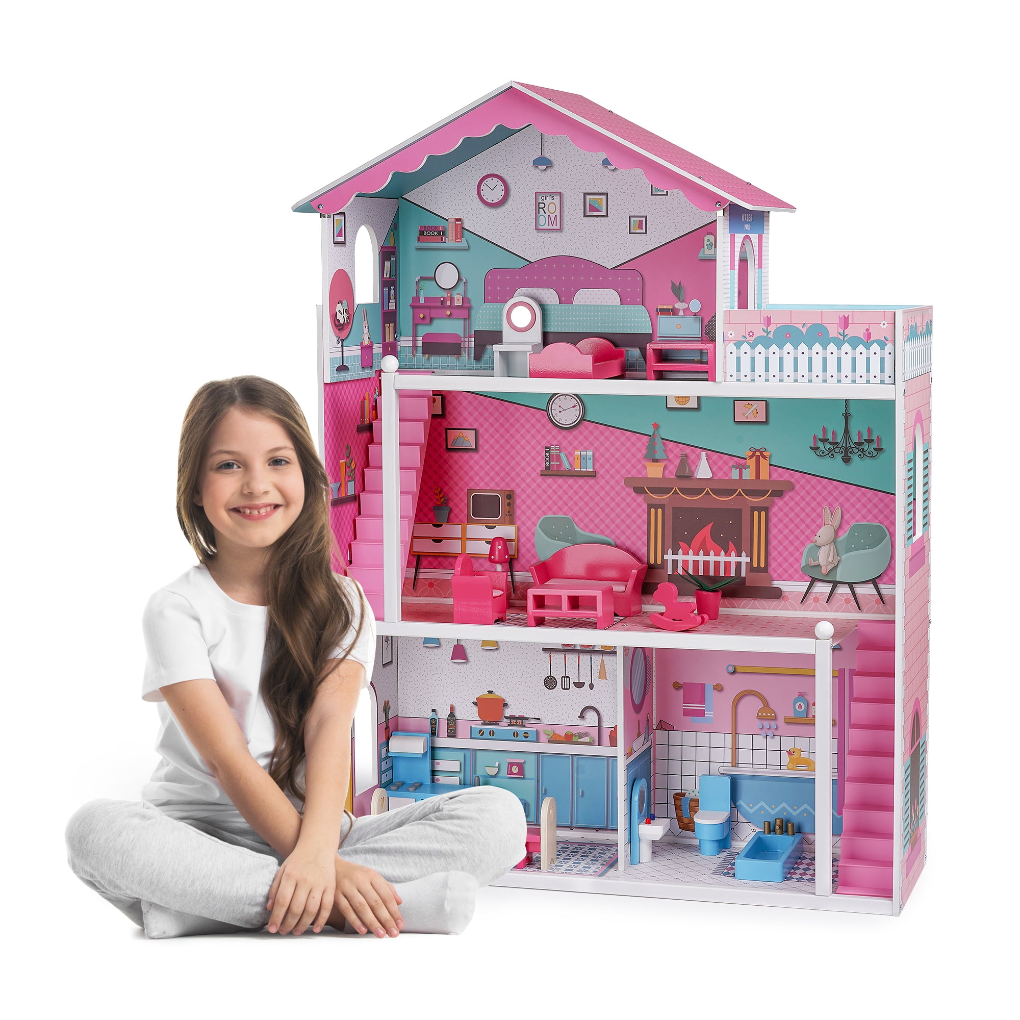 Wooden Dollhouse with Furniture 4Rooms,DFITO with 18 pcs Furniture
