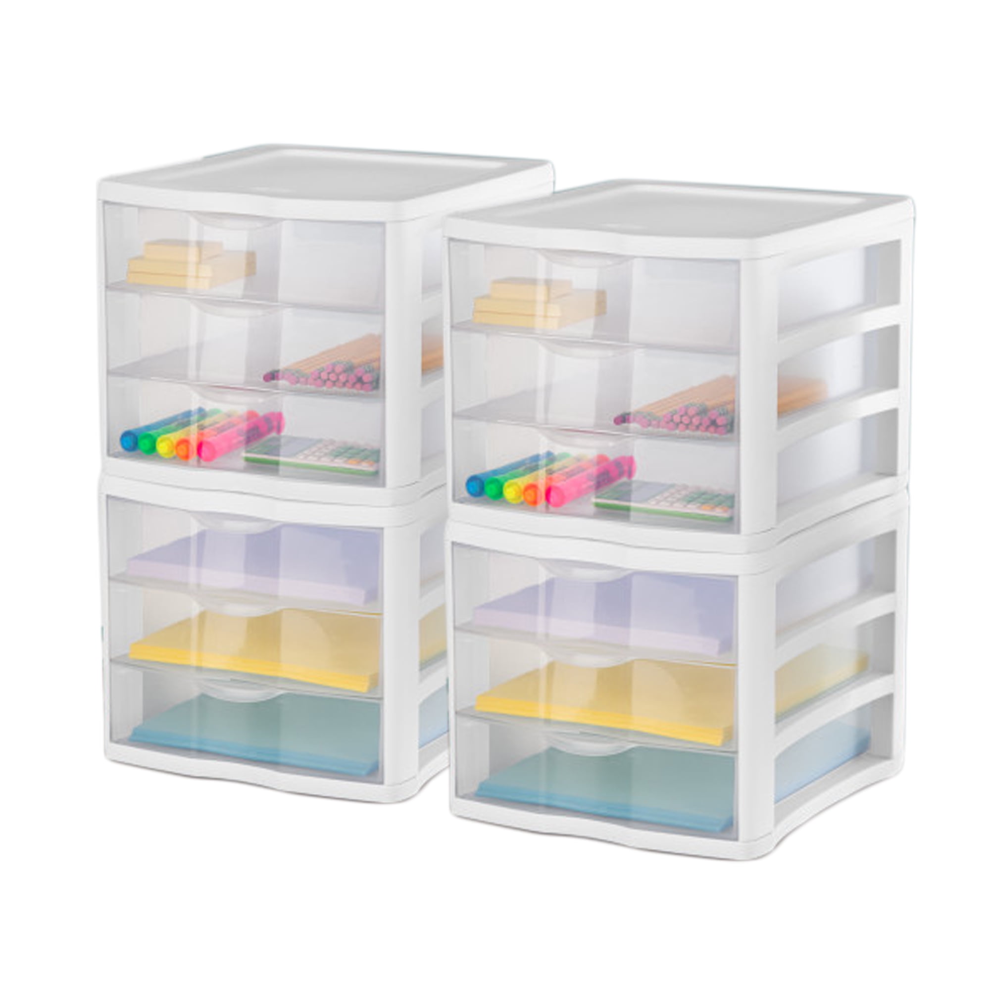 Sterilite 3 Drawer Unit, Stackable Plastic Organizer System with Storage Drawers, 4 Pack