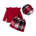 thumbnail image 7 of Toddler Kids Baby Girl Fall Winter Outfit Ruffle Long Sleeve Crew Neck Sweatshirts Tops Plaid Button Front Mini Skirt with Hat 3Pcs Party Holiday A-Line Skirt Clothes Set, 7 of 7