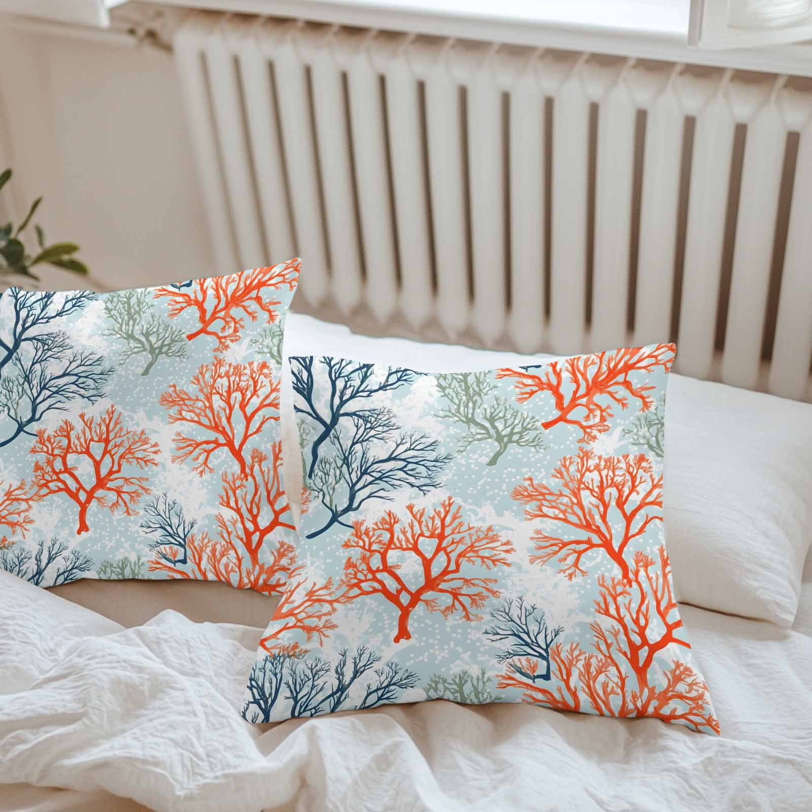Waterproof Throw Pillow Covers Set of 2, 20x20 Inch Orange-red Coral Decorative Pillowcases Outdoor Pillow Slip Cushion Covers Set for Couch Tent Blue Ocean Coastal Nature Branch Dots