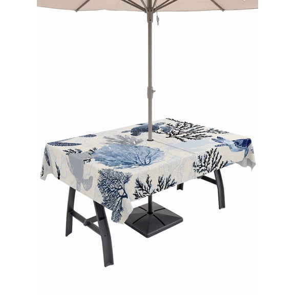 Outdoor Tablecloth with Umbrella Hole for Patio/Picnic/Party/Camping, Navy Blue Sea Turtle Coastal Waterproof Table Cloth Rectangle Table Cover Washable, Beach Black Coral Nautical Rustic (52"x 70")