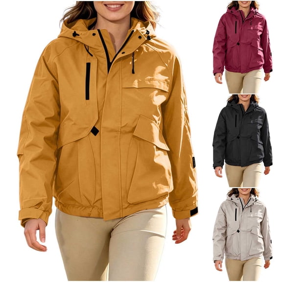 SEMPAI Windbreaker Jacket Women Waterproof Long Sleeve Zip Hooded Jacket Multi Pockets Outdoor Hiking Jacket Loose Winter Mountaineering Casual Outerwear Beige L