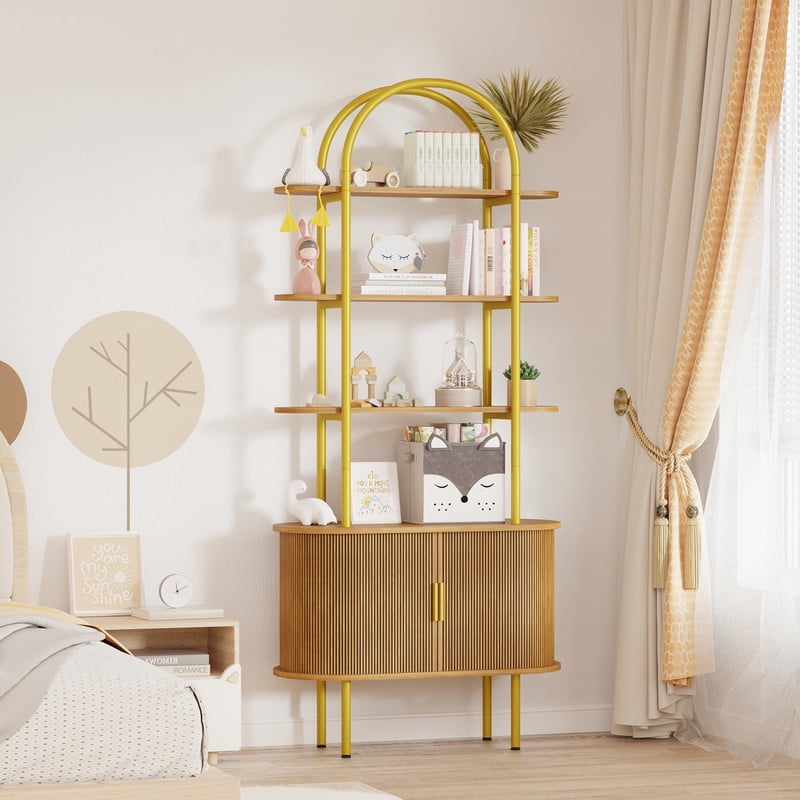 71" Tall Fluted Arched Bookshelf with Sliding Doors, Mid Century Modern Metal Curved Bookshelf Cabinet with Storage and Adjustable Footpad, 4-Tier Open Display Storage Shelf for Home, Living Room