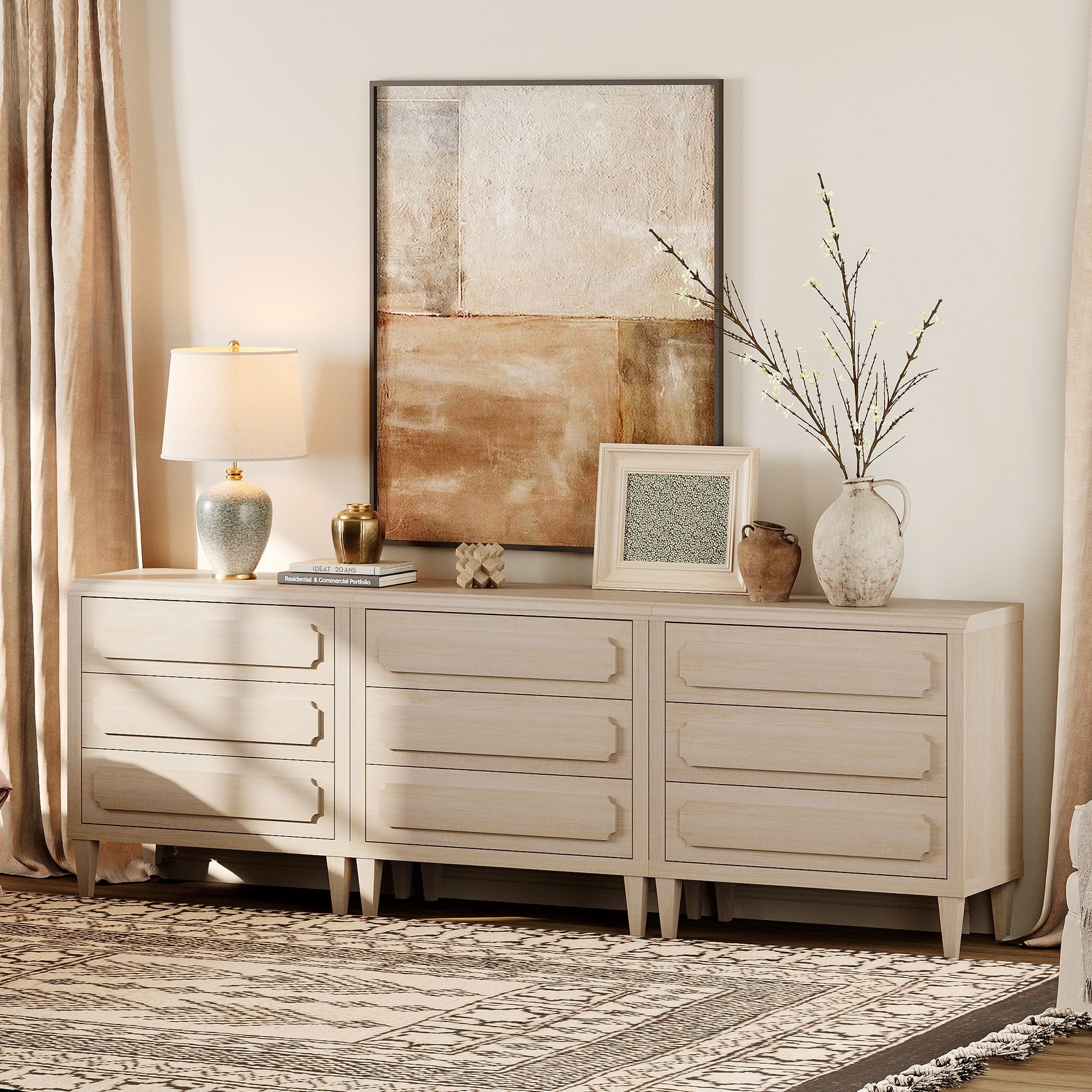 Oak Modern TV Stand for 100 Inch TVs, Wood Entertainment Center with 9 Drawers Storage for Living Room Bedroom