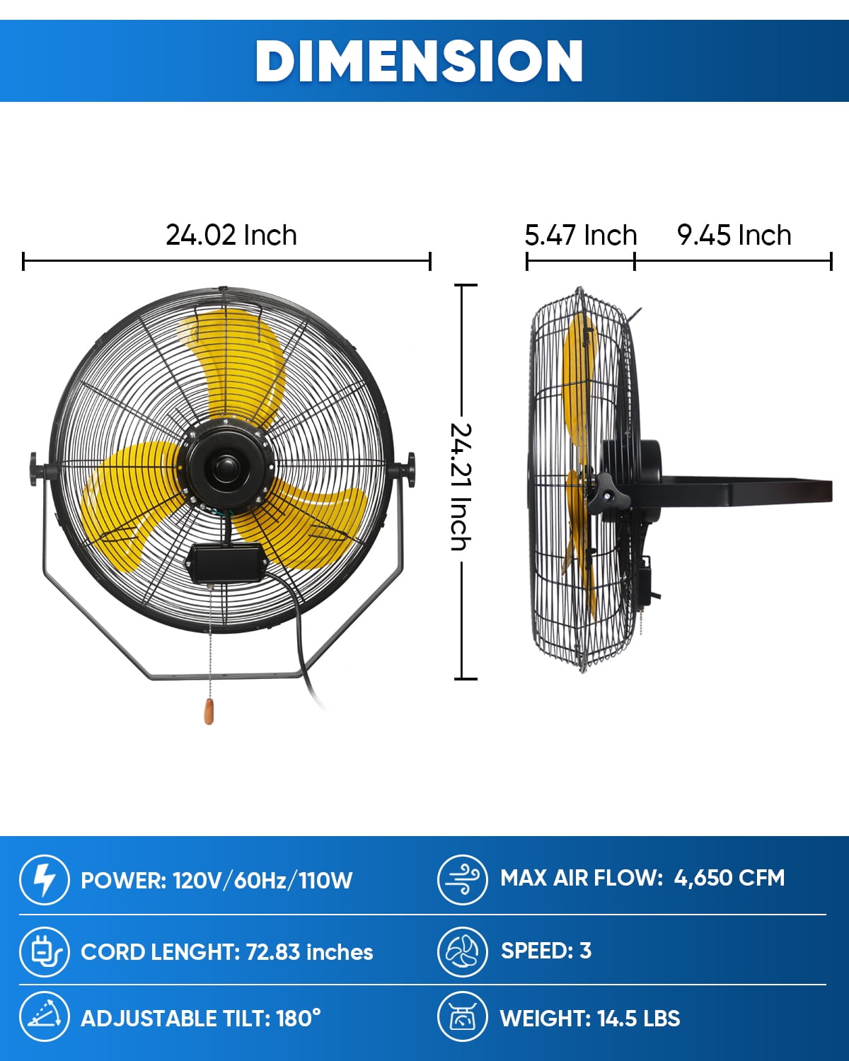Ken Brown 20"  Waterproof Wall Mount Fan High Velocity 4650 CFM Industrial Grade, 3-Speed, IPX4 Waterproof, for Garage, Warehouse, Patio