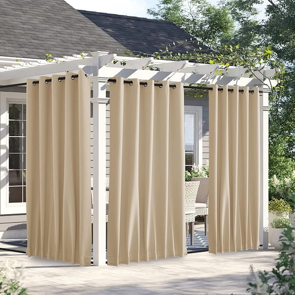 2 Panels Weighted Blackout Curtains for Patio Waterproof, Top & Bottom Grommet & Back Tab Fixed Outdoor Curtains Windproof Drapes Thermal Insulated for Porch, W66 x L90, Biscotti Beige