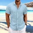 thumbnail image 2 of BiZtdJrK Men's Short Sleeve Lapel Shirt Casual Plaid Knit Hawaiian Shirts Solid Color Button Down Vacation Beach Tops Light Blue L, 2 of 7