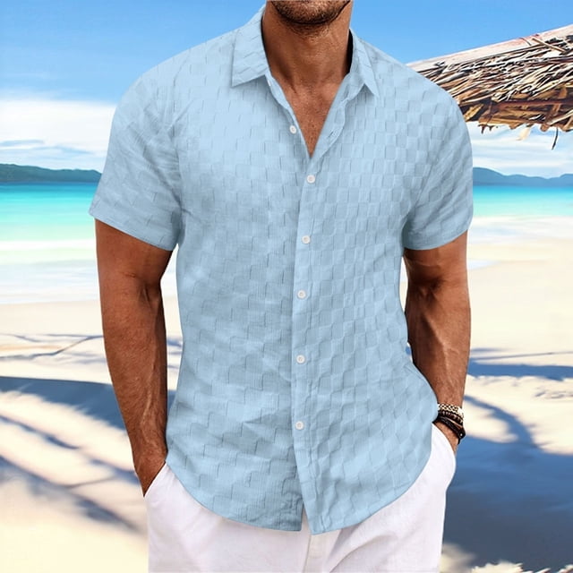 Blusa y camisa de manga corta con cuello vuelto para hombre, informal, de color liso, a cuadros, con botones, de manga corta, con cuello vuelto, blusas de poliéster para hombre