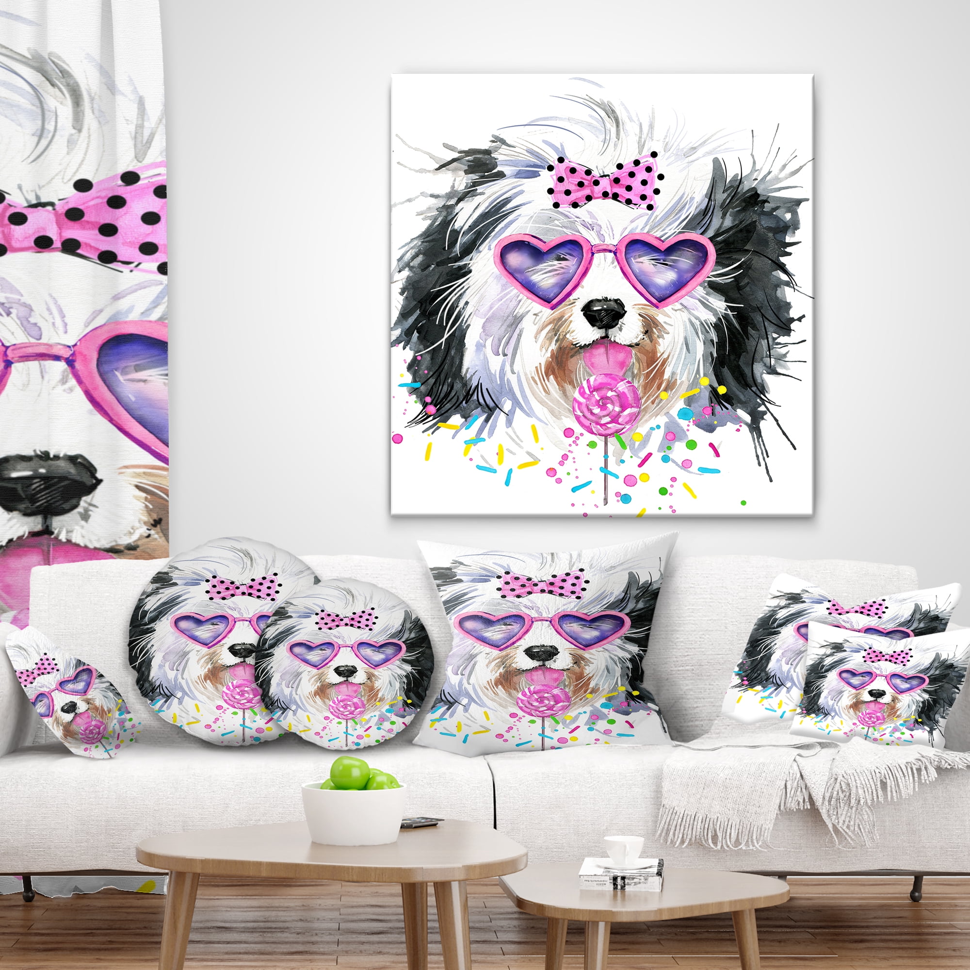 Designart Lovely Dog with Pink Heart Glasses - Contemporary Animal Throw Pillow - 18x18