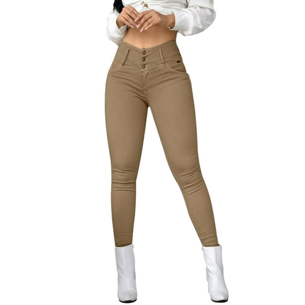Pantalones anchos Gibobby Mujer Casual Vintage Color sólido Cintura Alta Pantalones caqui L