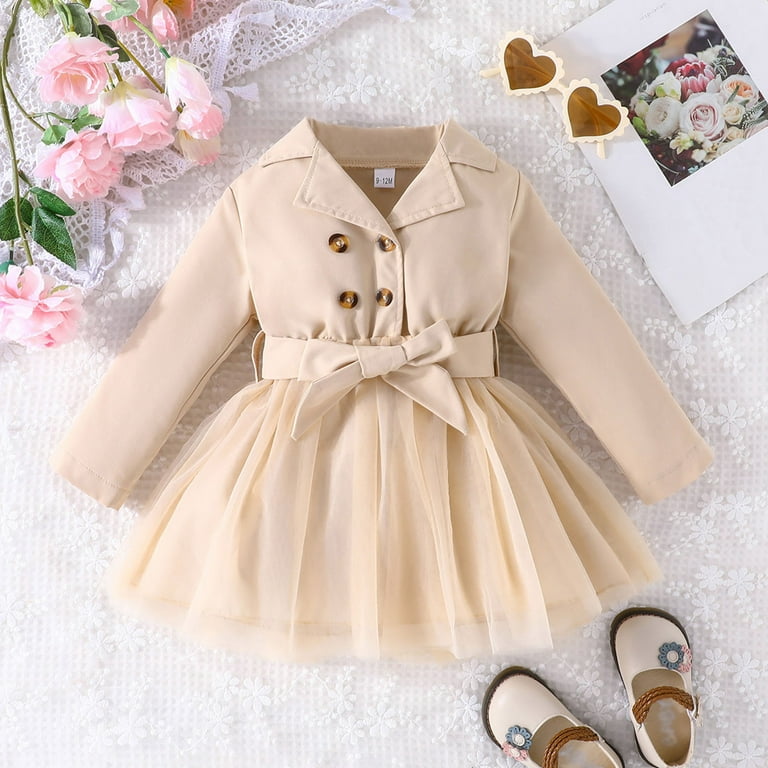Girls' Dresses Children Long Sleeve Bowknot Button Dresses Tulle Dress  Clothes Baby Dress Beige 2 Years-3 Years - Walmart.com