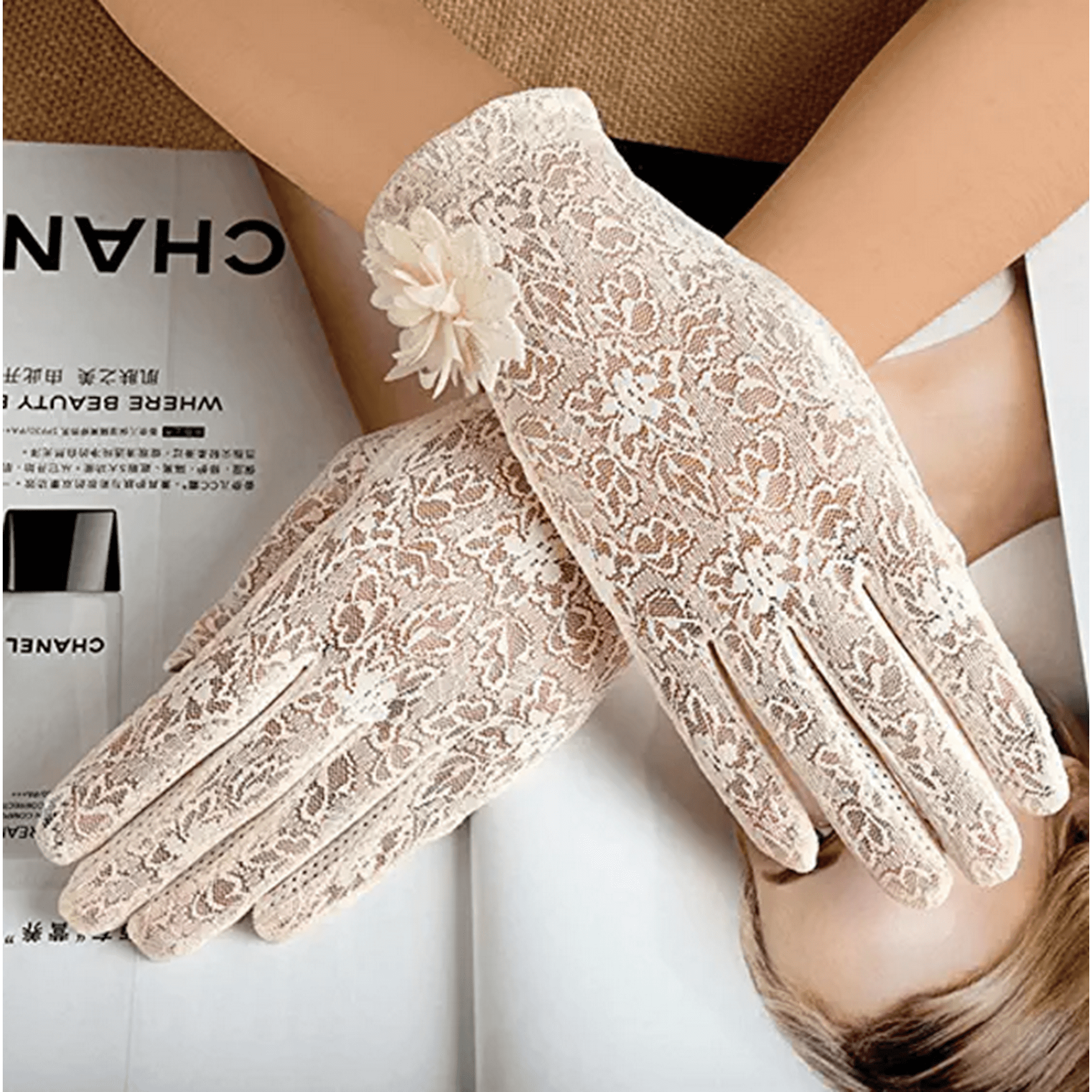 QUETO Gants de Mariee en Dentelle pour Femmes Gants d Opera Gants de Mariage pour Soiree Mariage Fiancailles Taille Unique Beige Court