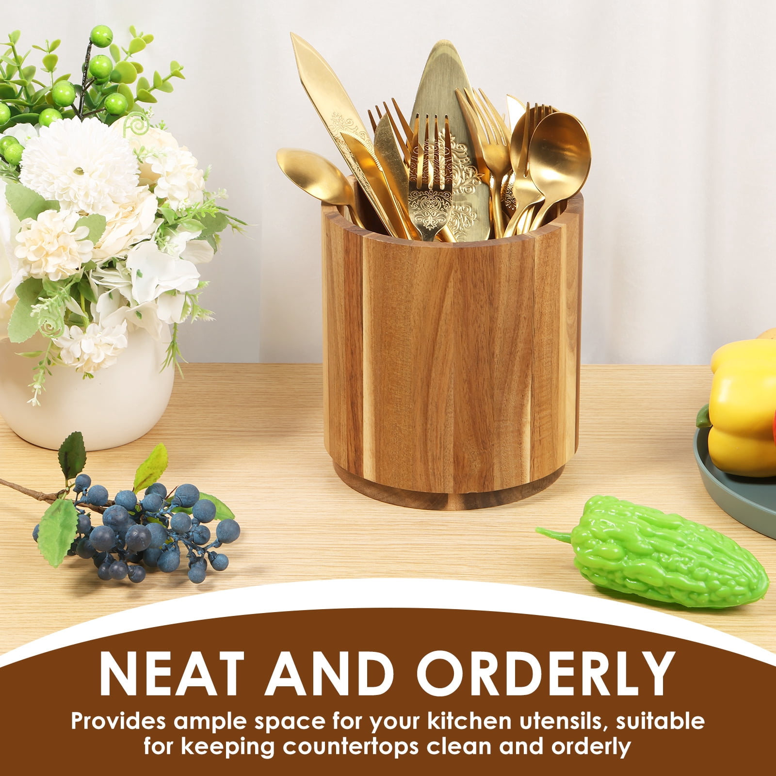LINFANG 360° Rotating Utensil Holder Large Capacity Utensil Caddy Wooden Countertop Cutlery Silverware Caddy Holder