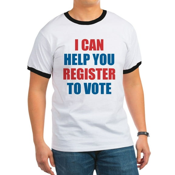 CafePress - I CAN HELP YOU REGISTER TO VOTE VOLUNTEER VOTER T - 100% Cotton Ringed T-Shirt