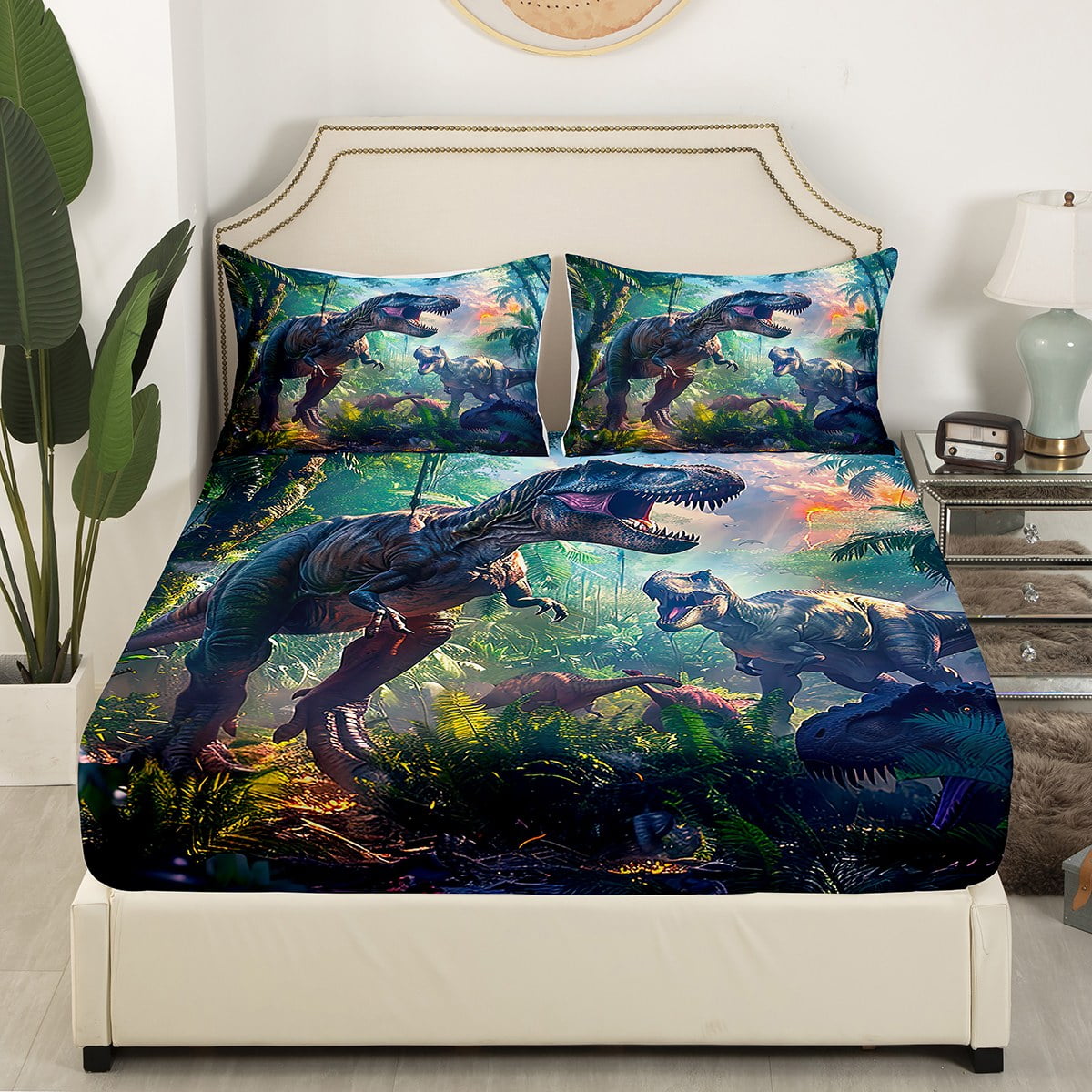 3D Realistic Dinosaur Bed Sheets ,Tropical Jungle Wild Animals Bedding Set Dino Fitted Sheet Twin,Paleontology Dinosaurios Sheets Room Decor