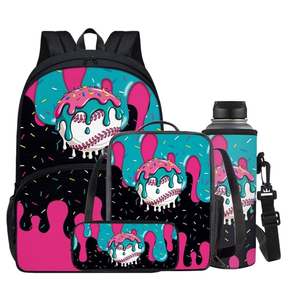 Yuyamidu Baseball Kids Backpack and Lunch Box Set Ice Cream Girls Book Bags for School Lunch Bag Pencil Case Water Bottle Bag for Kids 6-8/8-10 Back to School Gifts