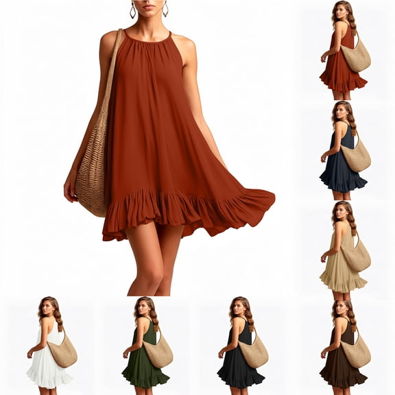 Zpzdpjkx Womens Summer Halter Neck Ruffle Hem Mini Dress, Sleeveless Casual A-Line Summer Dresses for Women