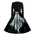 thumbnail image 3 of qelini Halloween Dress Women Round Neck Long Sleeve Ghost Bat Printed Party Cocktail Swing Dress Gray S, 3 of 3