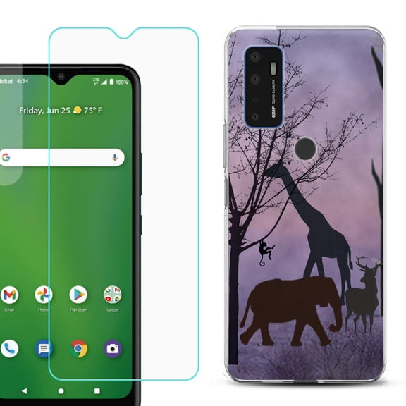 Slim-Fit Gel TPU Phone Case for Cricket Dream 5G, with Tempered Glass Screen Protector, by OneToughShield ® - Twilight Safari