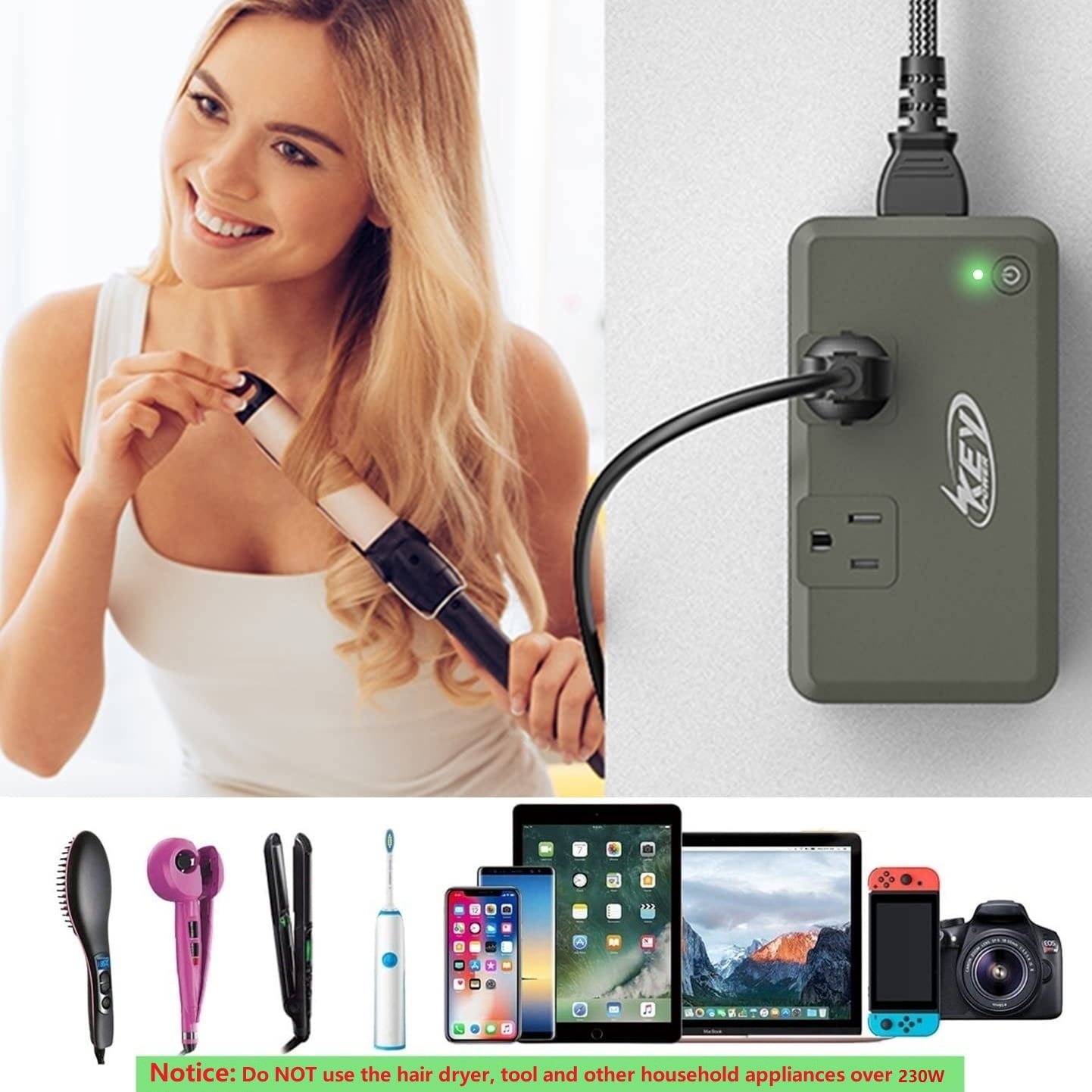 Key Power International Power Converter Travel Kit - 230w Voltage Converter 240V/220V to 120V/110V Travel Adapter Use for USA Appliance Hair Straightener, Overseas in Europe, Australia, UK, Italy