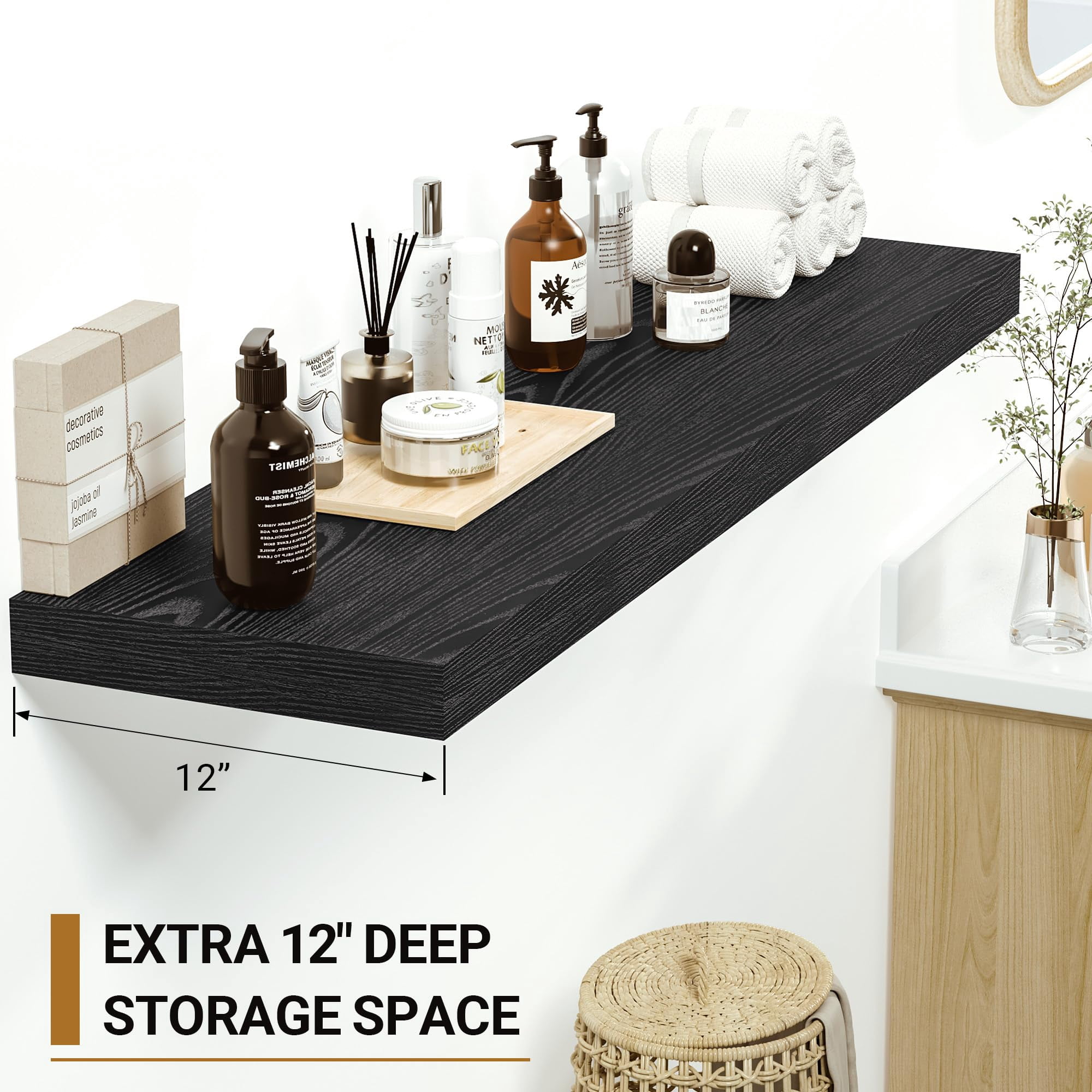 Black Floating Shelves 12 Inches Wide  12" Deep Wall For Bedroom Bathroom Living Room Kitchen Office Rustic Home Decor Shelf With Invisible Brackets X 1.5" Set Of 2