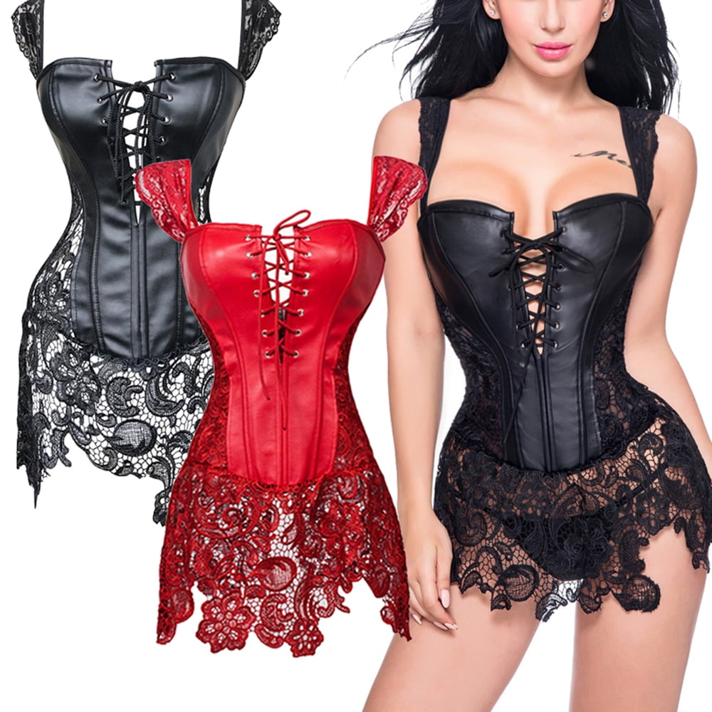 Steampunk Gothic Waist Training Dress Faux Leather Bustier Corset Lace Skirt US