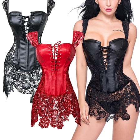 VASLANDA Faux Leather Steampunk Corset Dress Sexy Hollow Lace Bustier Skirt Overbust Shoulder Straps Cincher Lingerie