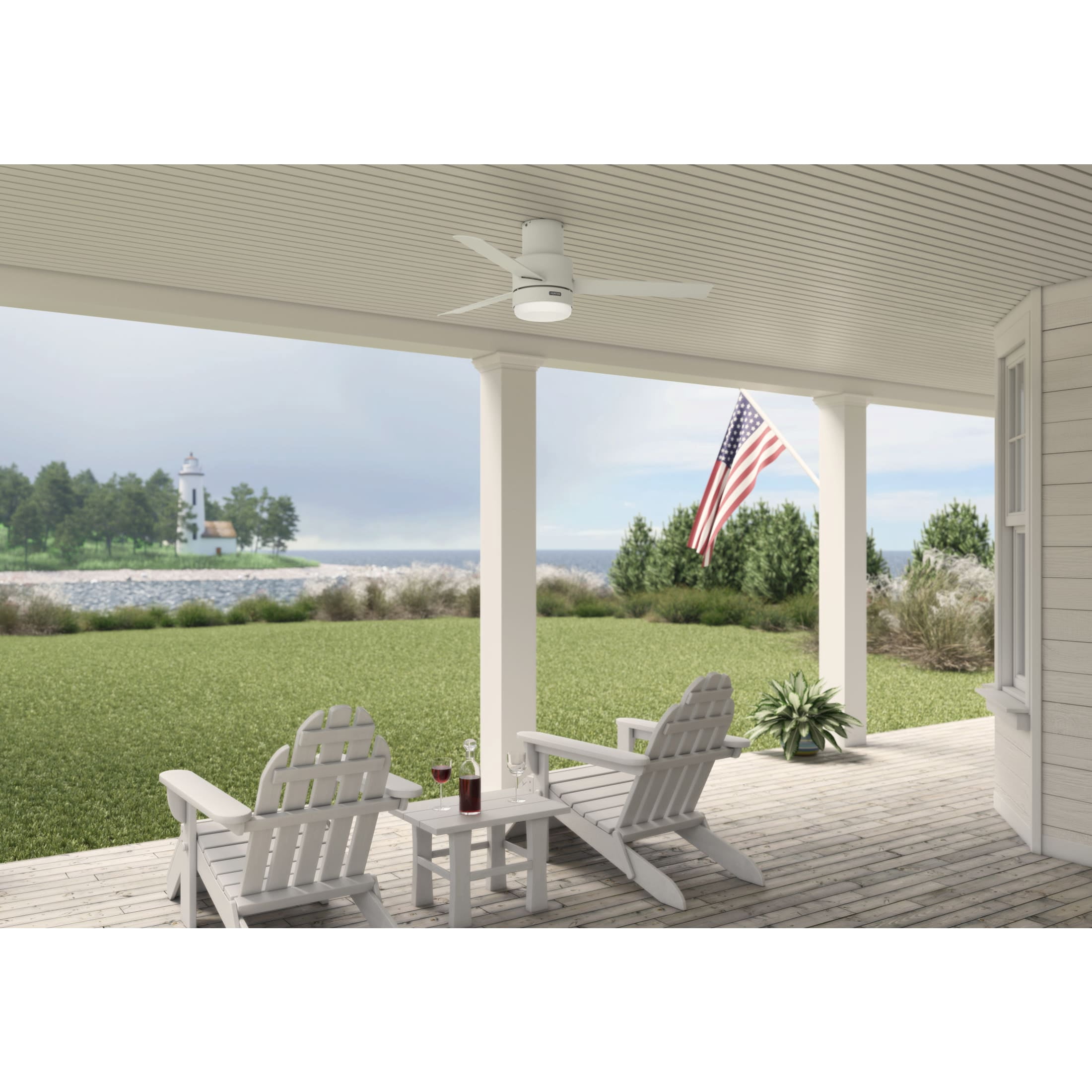 Hunter 52 inch Outdoor or Indoor Ceiling Fan with LED Light and Remote Control - Low Profile Mount Ceiling Fan, 3 Blades, For Patio, Porch, Garage, or Living Room, Quiet - Gilmour 51840, Matte White