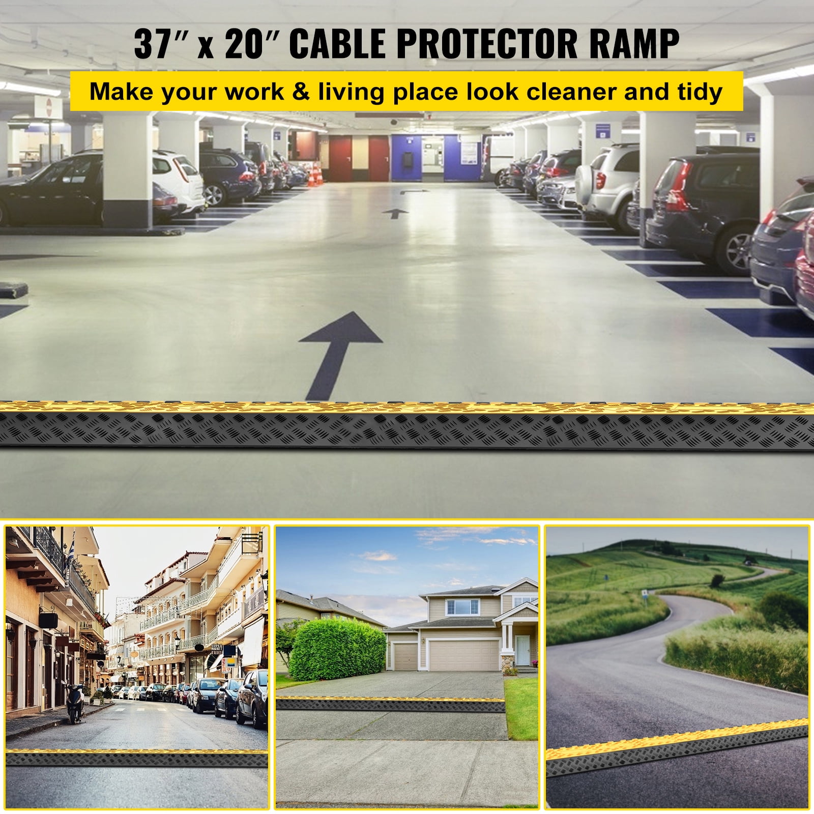 SKYSHALO 3-Channel Rubber Cable Protector Ramp 2 x 2.3 inch Channel Heavy Duty Cable Wire Cord Cover Ramp Speed Bump Driveway Hose Cable Ramp Protective Cover
