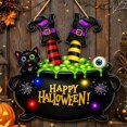 thumbnail image 2 of Halloween Wooden Door Wreath Sign, Happy Halloween Witch Feet Wall Decor with Black Cat & Spider for Front Door, Porch & Farmhouse Display, 2 of 7