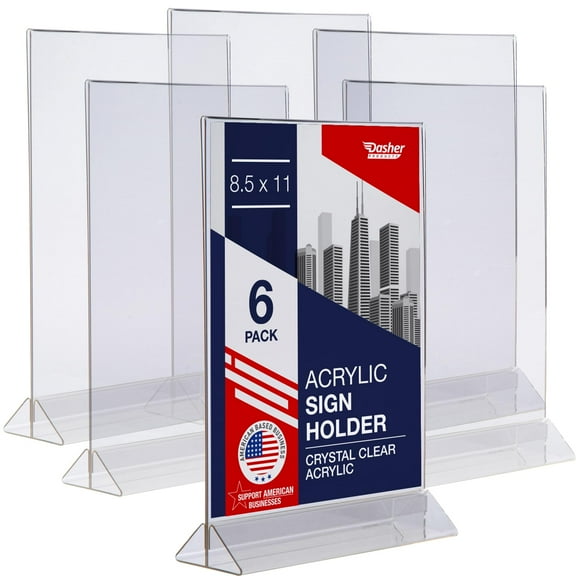 Acrylic Sign Holder 8.5 x 11, T-Shape Menu Holder with Bottom-Loading Design, Plastic Stands for Brochures, Flyers, Menus and Displays. Double-Sided Display Stand for Tabletop Signs and More (6 Pack)