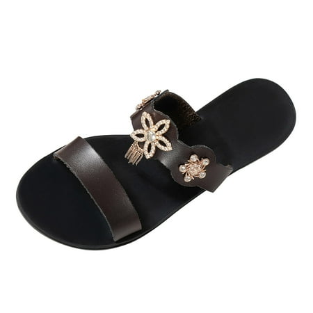 

Youmylove Bohemia Women Slide Slippers Summer Non-Slip Rhinestones Flowers Slip On Flat Beach Open Toe Breathable Sandals Shoes Slippers Comfort Cozy Leisure Daily Walking