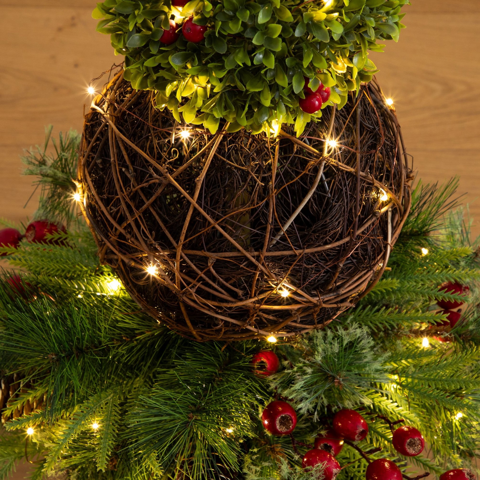 3ft. Pre-Lit Artificial Finial Boxwood Ornament Mixed Pine Topiary Christmas Tree with 70 LED Lights in Decorative Urn