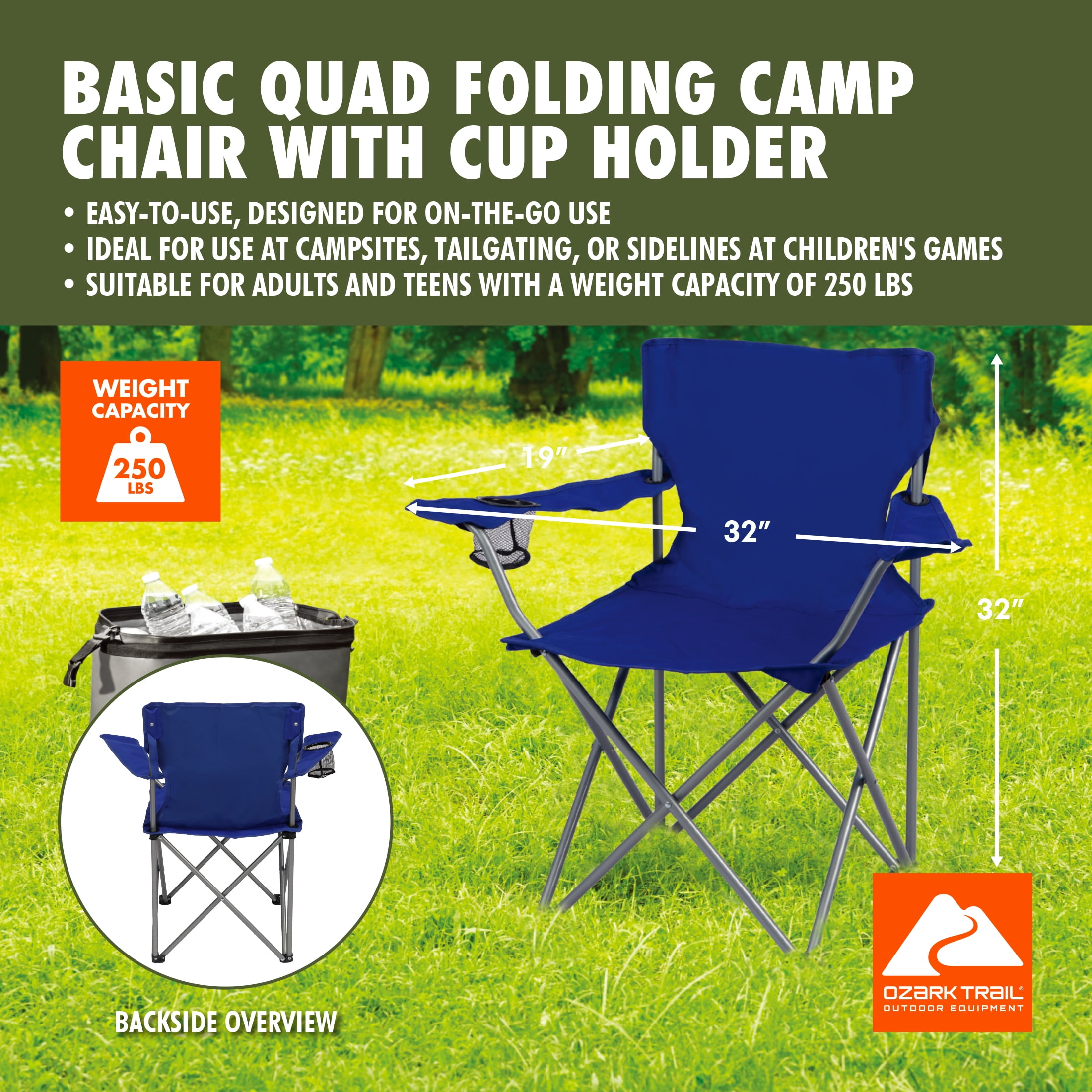 Ozark Trail Quad Folding Camp Chair with Cup Holder, Royal Blue