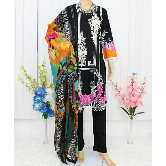 Nazon Brand- Pakistani Lawn | Long Dress | Long Sleeve | Party Were Dress | Lawn | Black/Pink Color