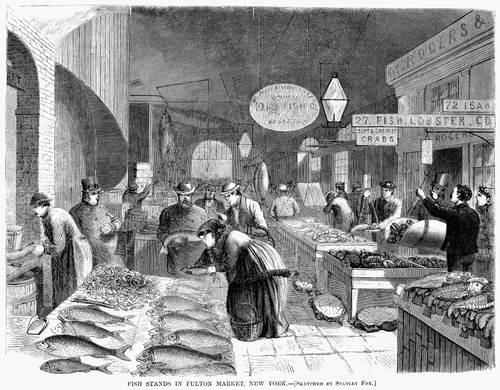 Fulton Fish Market, 1869. /N'Fish Stands In Fulton Fish Market, New