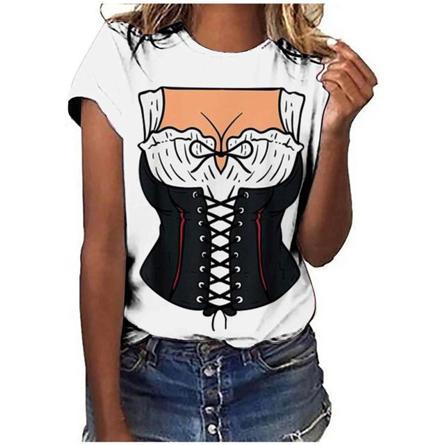 Pompotops Blouse Décontractée Mode Femme Imprimé Oktoberfest Col Rond T-Shirt Blouse Imprimée Tee Liquidation