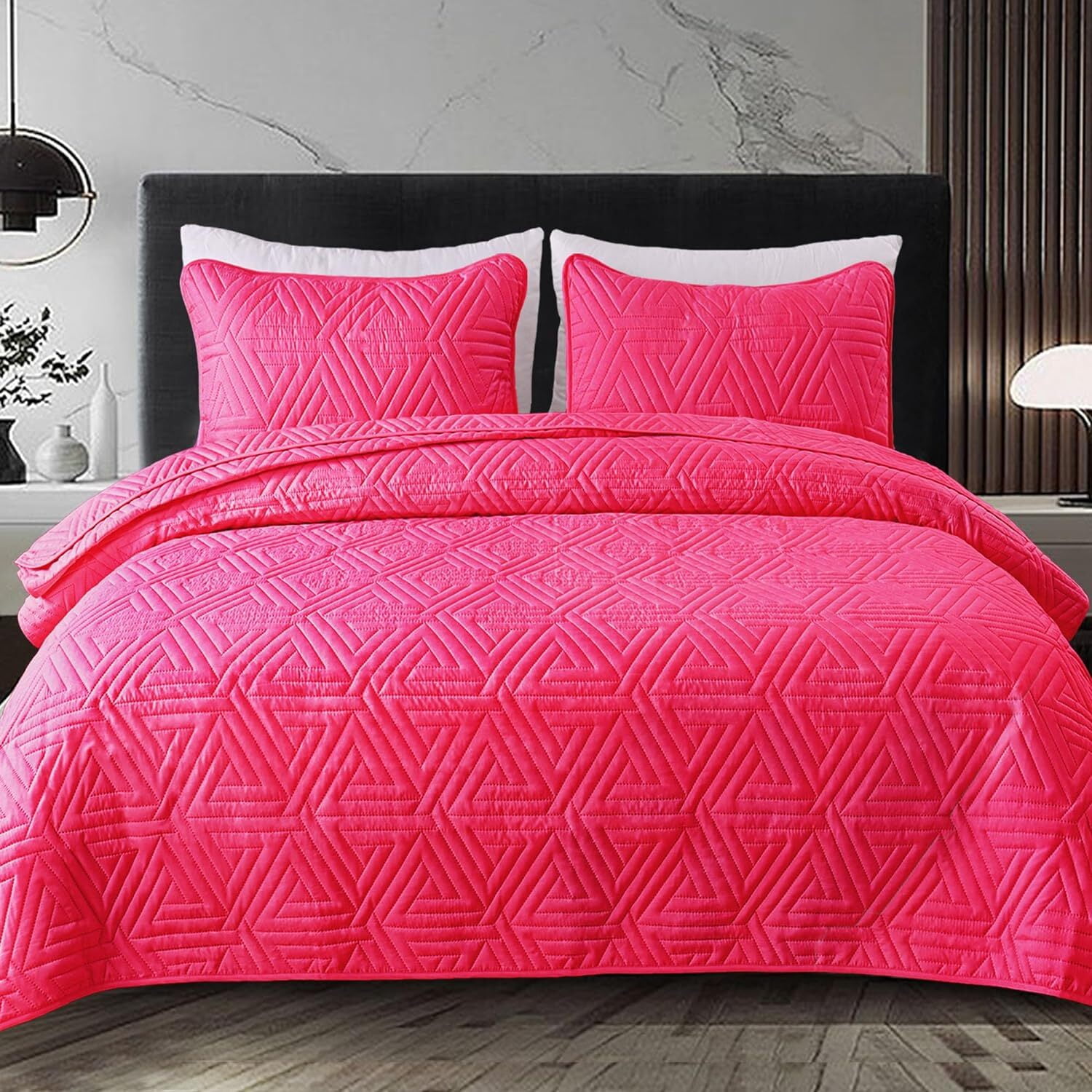 Whale Flotilla 3-Piece Queen Size Quilt Set for All Season, Classic Geometric Pattern Bedding Set with 2 Pillow Shams, Soft and Lightweight, Hot Pink