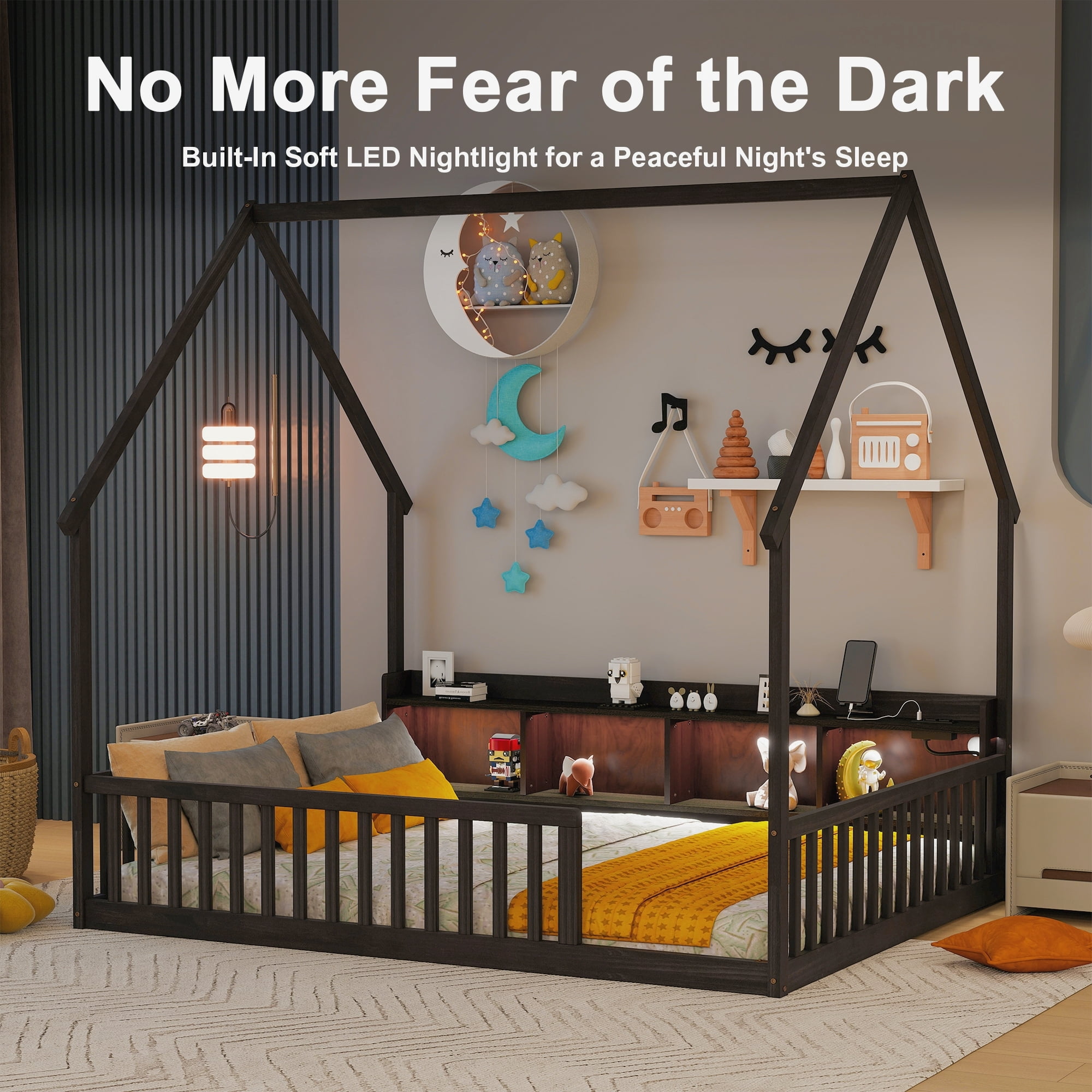 Leumius Full Size House Floor Bed with Storage Shelves,Built-in LED Lights & Charging Station,Pine Wood Floor Bed Frame with Safety Guardrails for Kids Bedroom Espresso