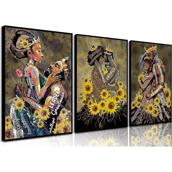 Aaroca 3Pcs African American Wall Art Black Man Couple Sunflower Posters Pictures African Romantic Black King Queen Canvas Paintings Motivational Quotes Prints Artwork Wall Decor for Bedroomd