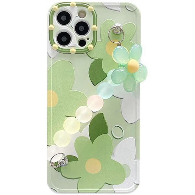 Funda de silicona TPU suave para iPhone, con diseño floral, elegante y creativo, para niñas y mujeres, con diseño de flores frescas y transparentes, con bolitas verdes.