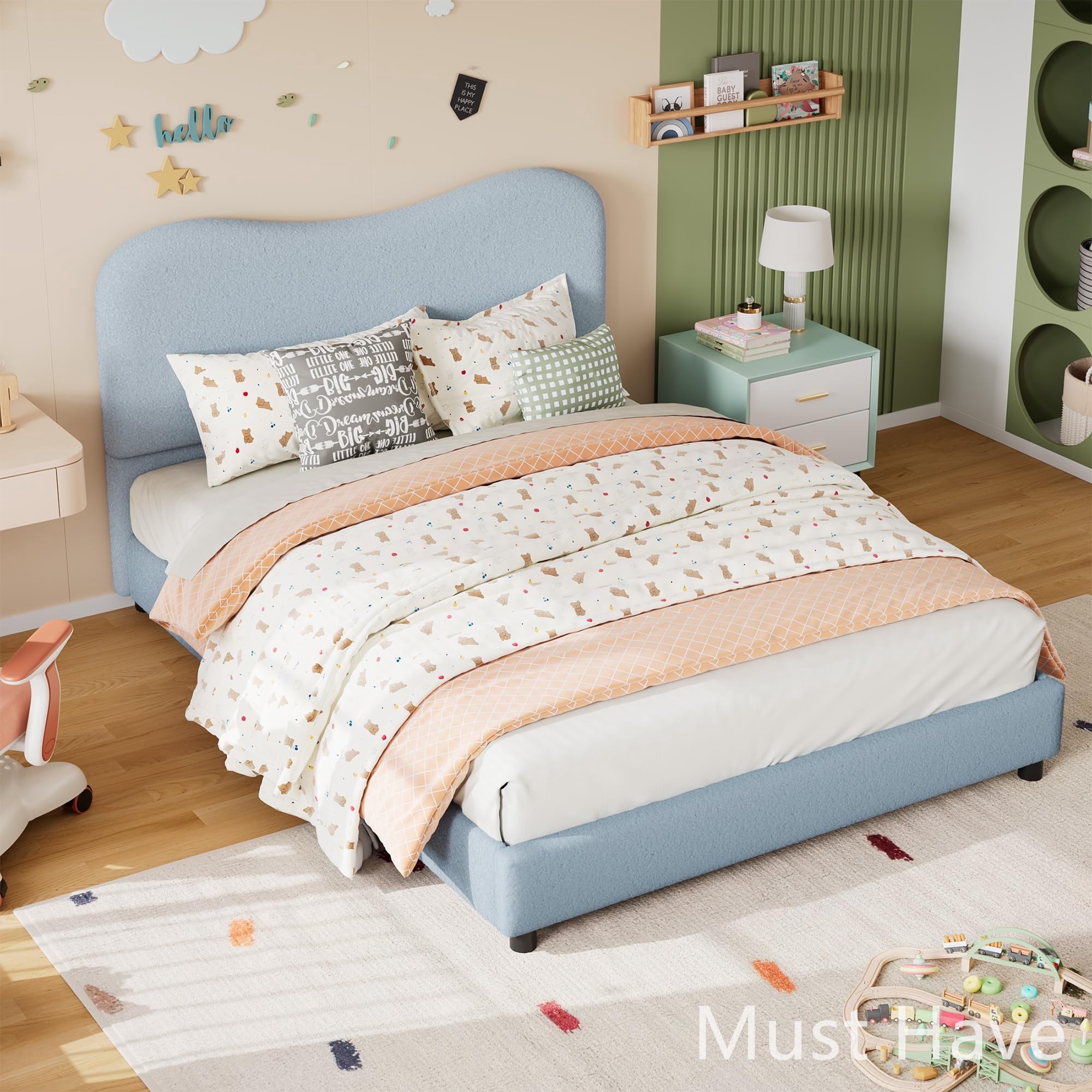 Jojoka Modern Full Bed Frame Upholstered in Soft Boucle Fabric, Sturdy Wooden Slats, No Gap Headboard, Easy Assembly, No Box Spring Needed, Blue