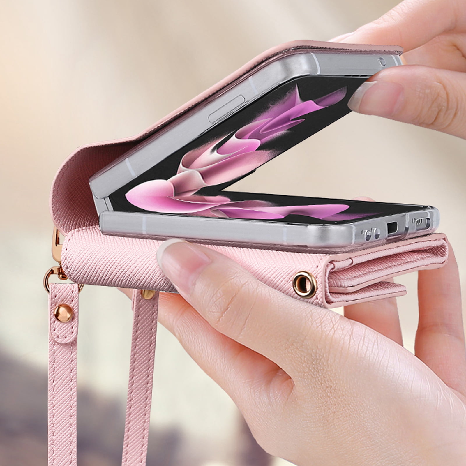 Women Wallet Purse for Samsung Galaxy Z Flip 4 5G Case, Adjustable Crossbody Strap with Credit Card Holder PU Leather Folding Phone Case Cover for Samsung Galaxy Z Flip 4 2022, Orange