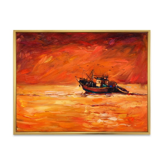 Designart 'Fishing Boat During Red Evening Glow' Nautical & Coastal Framed Canvas Wall Art Print