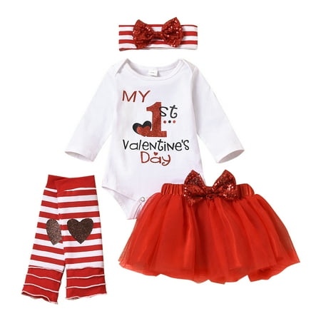 

Baby Girls Print Autumn Valentine s Day Long Sleeve Romper Bodysuit Tulle Skirts Headbands Socks Set Clothes For 18-24 Months