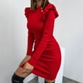 thumbnail image 4 of sunsanly Autumn Winter Office Lady Dress Ruffles Solid Color Commute Dress Slim Fit Knitted Basic Inside Dress Streetwear, 4 of 7