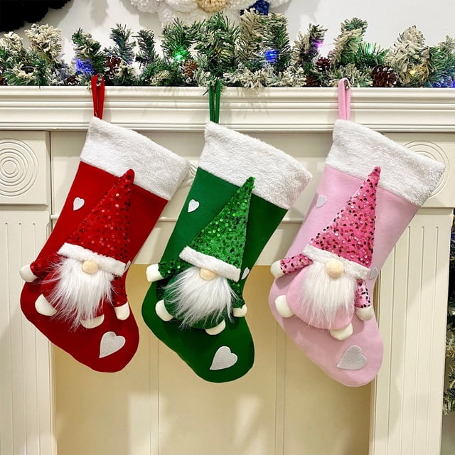 Xihbxyly Medias Navideñas de Lentejuelas, Adornos Festivos de Muñeco Sin Rostro, Gran Capacidad para Dulces, Fáciles de Colgar, Decoración Navideña para El Hogar, 47 X 23 X 2 Cm