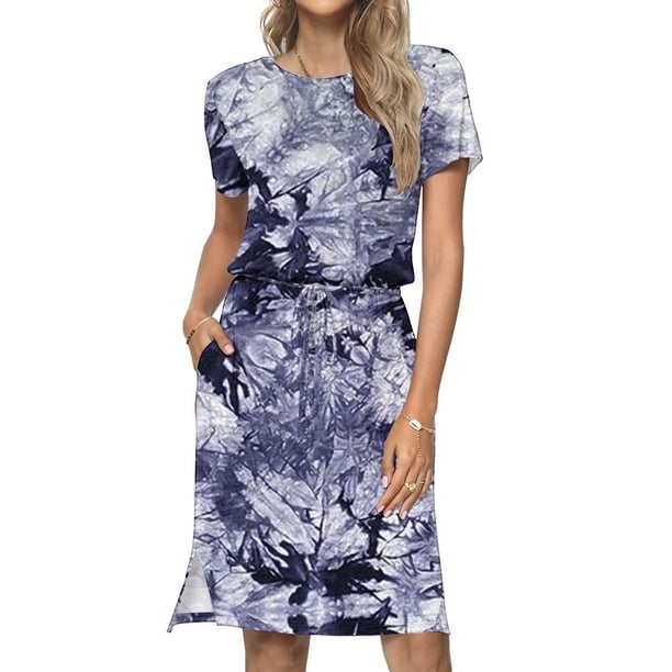 Puntoco Vestido Suelto Informal Con Cuello Redondo Y Tirantes Para El Hombro, Manga Corta, Estampado Floral, Con Bolsillos, Vestido De Manga Corta Con Cuello Redondo, Azul Marino S